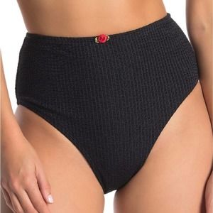 Betsey Johnson Black Ribbed Scrunch Knit High Waisted Rosette Bikini Bottom